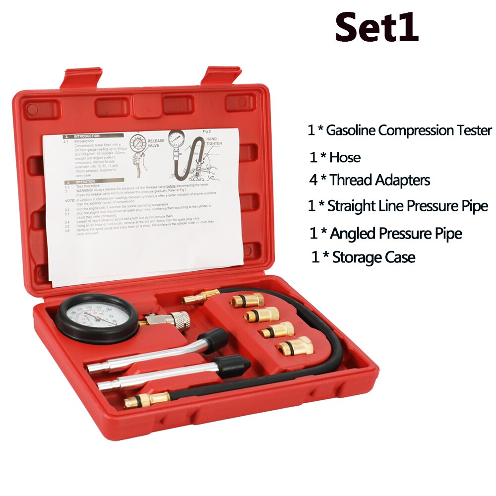 Gasoline Engine Compression Tester Auto Petrol Gas Engine Cylinder Automobile Pressure Gauge Tester Automotive Test Kit 0-300psi: Set1