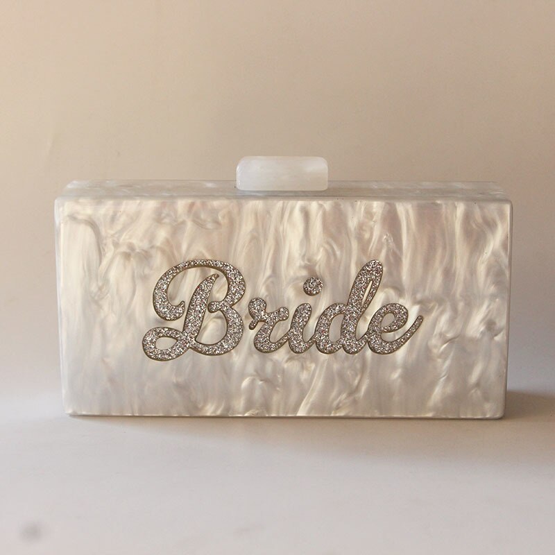 Pearl White Silver Glitter Name Bride Personal Party Beach Summer Lady Acrylic Claps Women Box Clutches Purse Wallet