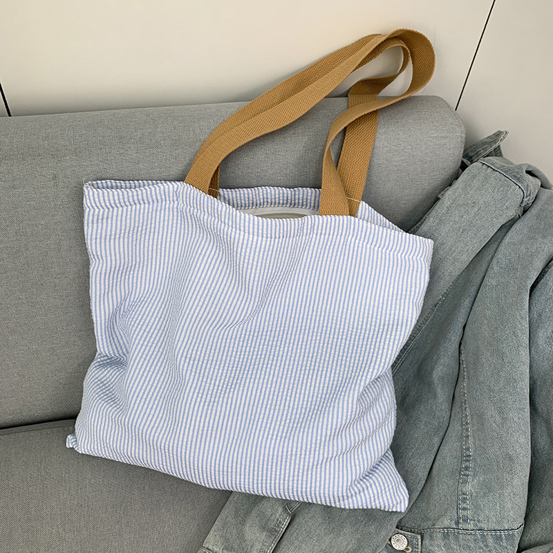 Stripe Contrast Color Women's Canvas Shoulder Bag Large Capacity CollegeBook Tote Zipper Handbags Simple Commuter Shopping Bag: Blue