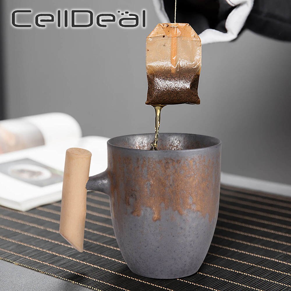 Japanese-Style Vintage Ceramic Coffee Mug Coarse Pottery Kiln Retro Water Cup Tea Milk Beer Mug With Wood Handle Home Office