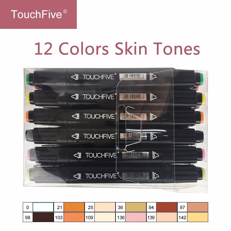 Artist Touchfive 12 24 colors Blendable Alcohol Sketch Marker pens Skin Tones set for Portrait Illustration Drawing Art Supplies: 12 Skin Tones Black