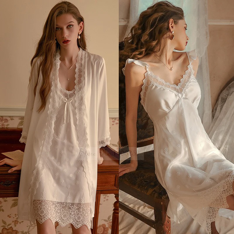 Weiße Spitze Braut Brautjungfer Hochzeit Kleid einstellen Frauen Sommer Nachtwäsche Kimono Bademantel Kleid verlieren lässig Schlaf anzug sexy Heimat Kleid