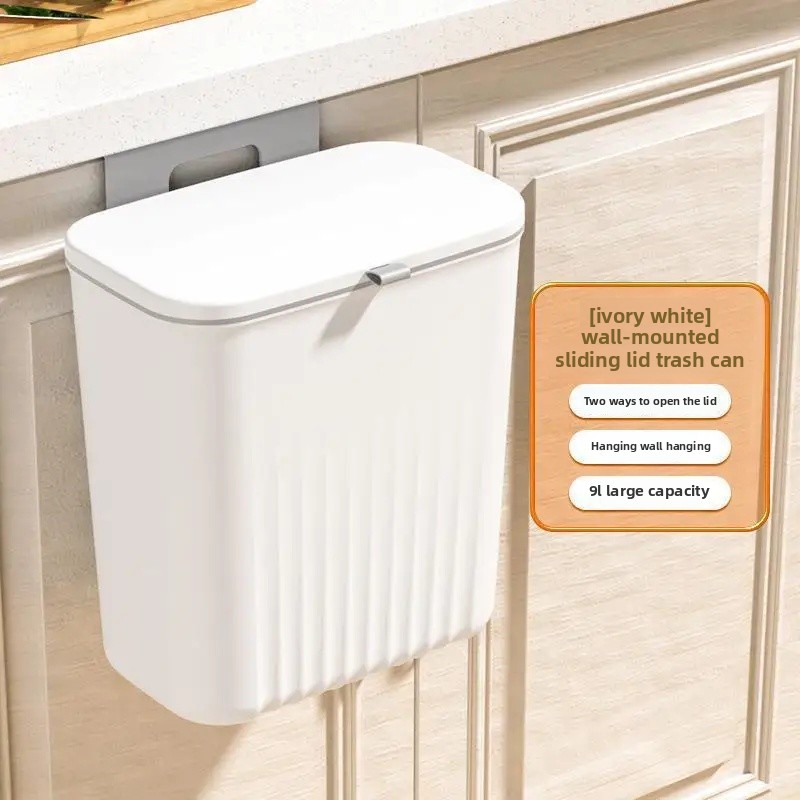 Wall-Mounted Home Use Trash Can Sliding Cover Kitchen Living Room Storage Plastic Waste Bin Attractive Appearance Bathroom: Red