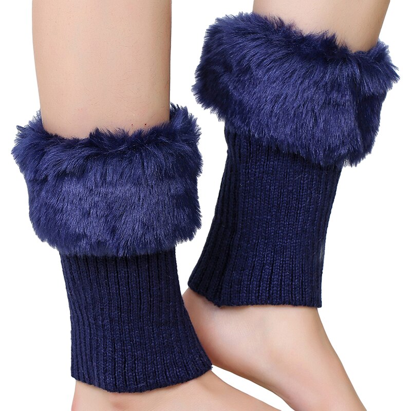 Plush Women Ankle Cover Winter Thermal Leg Warmer Knitted Solid Female Woolen Leg Sleeves Covers: Navy blue