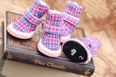 Plaid Warm Hond Schoenen Waterdicht Anti-Slip Schoenen Huisdier Voor Kleine Puppies Rassen Kat Herfst En Winter Sneeuw Boot accessoires 4 Stks/partij: 4 / Pink