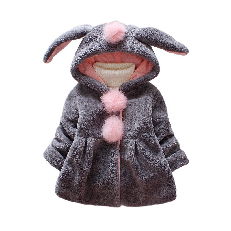 Winter Baby Girl Warm Coat Kids Clothes Thick Solid Color Long Ears Long Sleeve Hooded Jacket Autumn: Gray / 18-24M