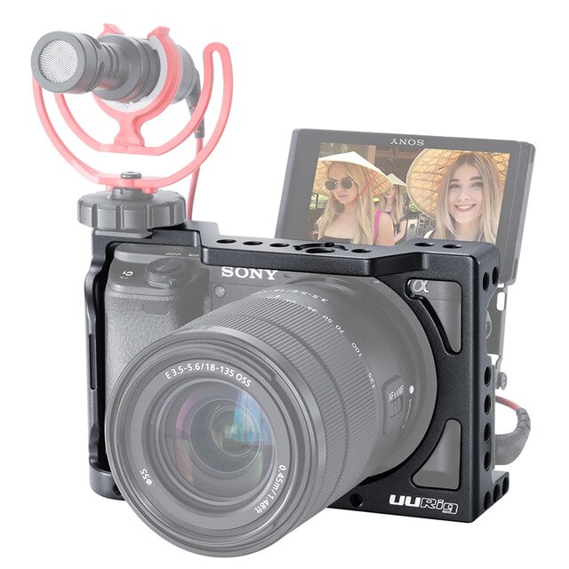 Uurig  r008 a6400 vlog bur sak vlogging metall sak til sony  a6400 med kald sko til mikrofon dslr kamera bur 1/4 3/8 skrue