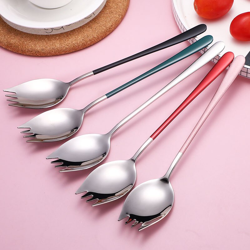 2Pcs Fork Spoon 2 In 1 Multi-function Camping Tableware Stainless Steel Cutlery Salad Spoons Unique Spoons Gold Dessert Spoon