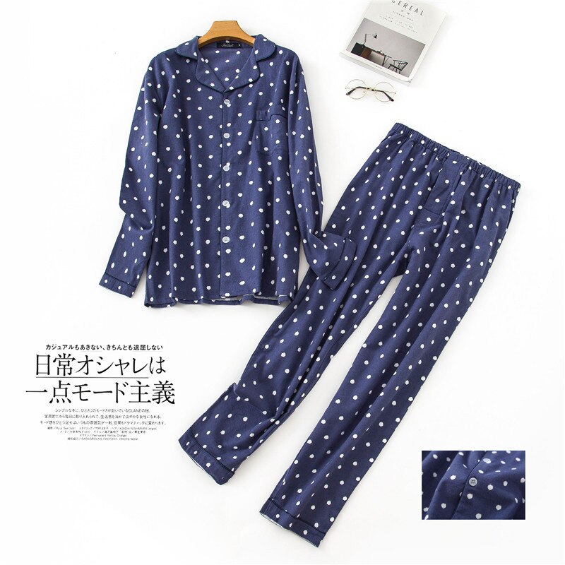 Cotton Pajamas-Sets Men Autumn Long-sleeved Trousers Pijama Suits Blue Plaid Sleepwear Winter Soft Velvet Clothing: Blue Dots as chart / XL