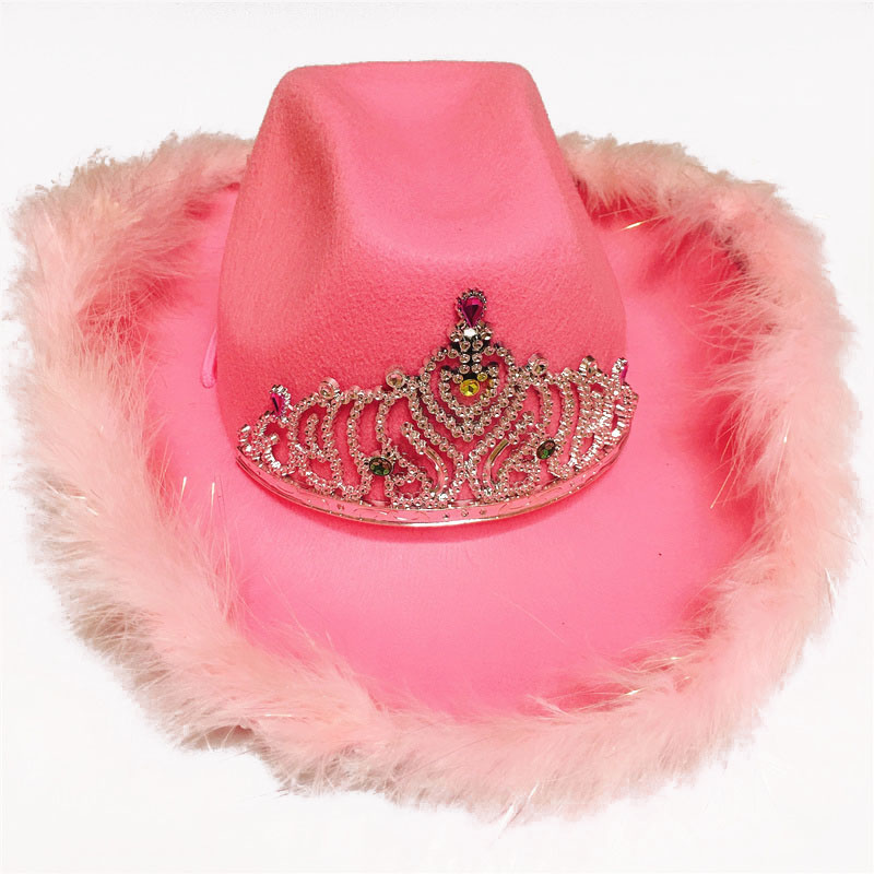 Western Style Tiara Pink Cowgirl Hat For Women Girl Tiara Cowgirl Hat Cowboy Cap Adult Hats Costume Party Hat: A - pink feather