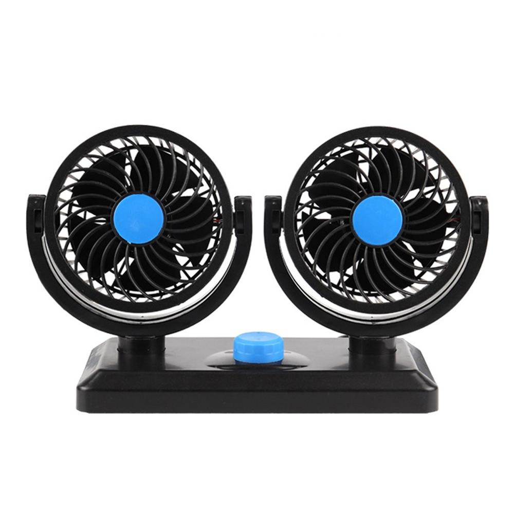 Mini ventilador eléctrico para coche, dispositivo de ventilación pequeño de 12V y 24V, Individual/doble, doble cabezal, USB, rotación de 360 grados, refrigeración de bajo ruido: Azul