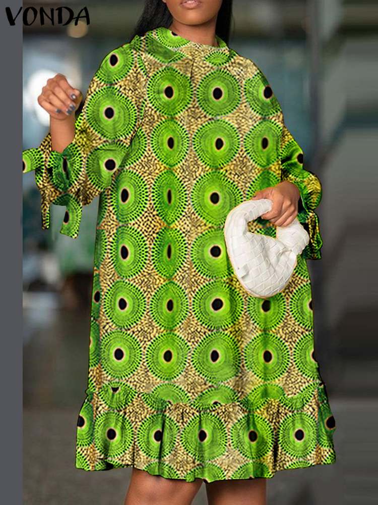Vonda zomerjurk met print voor dames, bohemian stijl, casual, losvallend, lange mouwen, knielengte, feestjurk, oversized: Xl / Groente