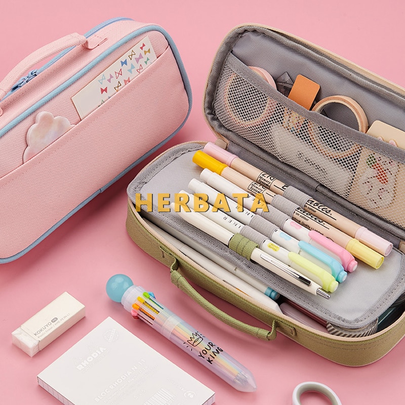 Grote Capaciteit Draagbare Dubbele Laag Eenvoudige Effen Kleur Doek Etui Briefpapier Met Verwijderbare Compartiment Schoolbenodigdheden