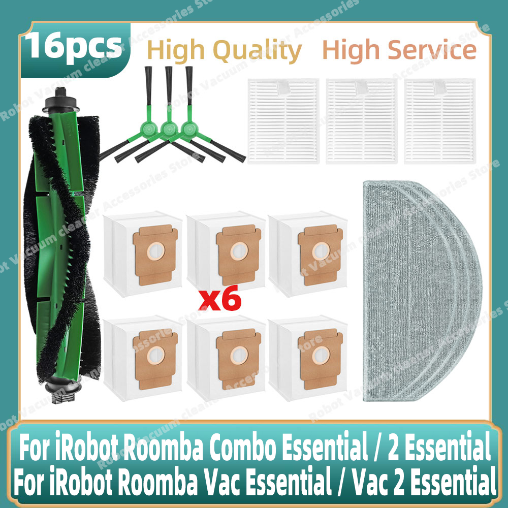 Compatible For iRobot Roomba Combo Essential / 2 Essential, Roomba Vac 2 Essential Parts Main Side Brush Bag Mop Hepa Filter: WHITE