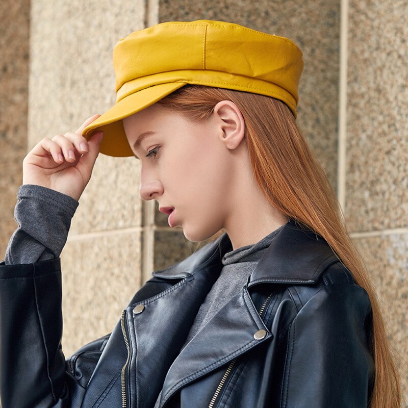 Automne et hiver noir angleterre chapeau octogonal Pu Cortex Casquette femme loisirs gavroche béret Casquette
