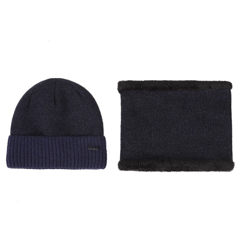 Men Hats Scarf Set Winter Warm 2 Piece Set Male/Female Velvet Skullcap Cotton Beanie Ring Bib XHBOY Outdoor Ski Hedging Cap: Navy