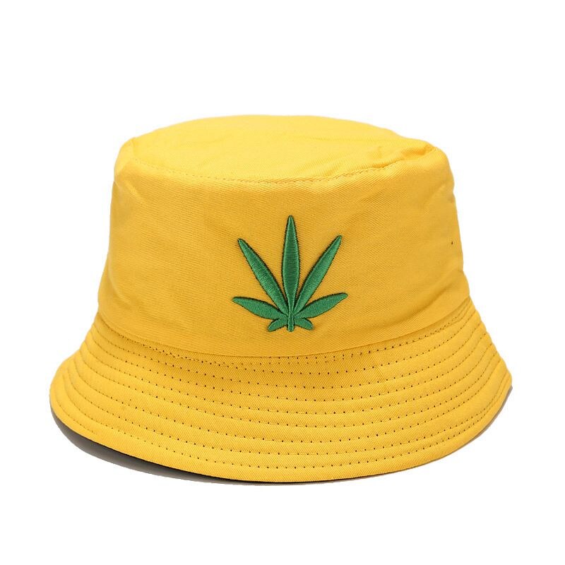 Broderi ahornblad spand hat mænd og kvinder reversibel hip hop fisker panama hætter bomuld udendørs sommer swag fiskeri hatte: Gul-sort