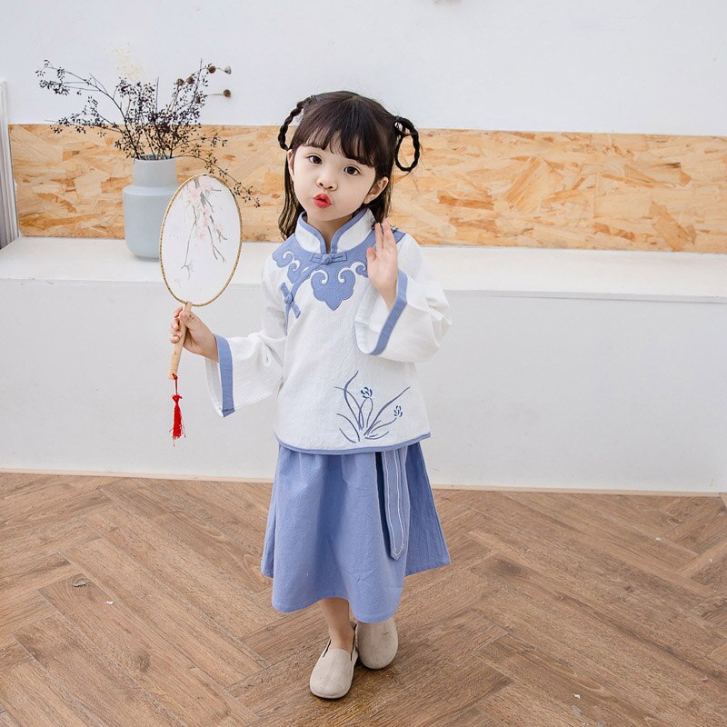 Children's Chinese Folk Dance Costume - Hanfu Stage Wear - Spandex - Girls' National Costume: Blue / 90cm
