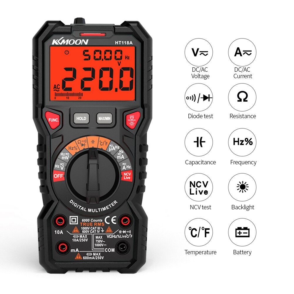 KKmoon HT118A Digital Multimeter Auto Range Multi-meter 6000 Counts True RMS Measuring AC/DC NCV Test Diode Digital Multimeter