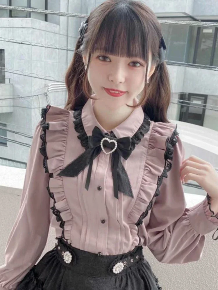 Chemise à volants en dentelle japonaise Kawaii pour femmes, chemisier à nœud rose Y2k, Harajuku, hauts mignons pour dames, nouvelle Lolita Blusas Femme 2025