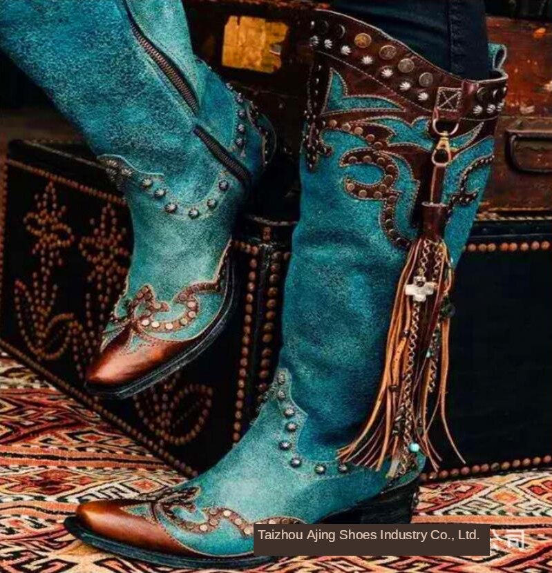 Vintage Riding Boots Women Tassel Punk Cowboy Boots Rivet Autumn Female Tall Boots Thick Heel