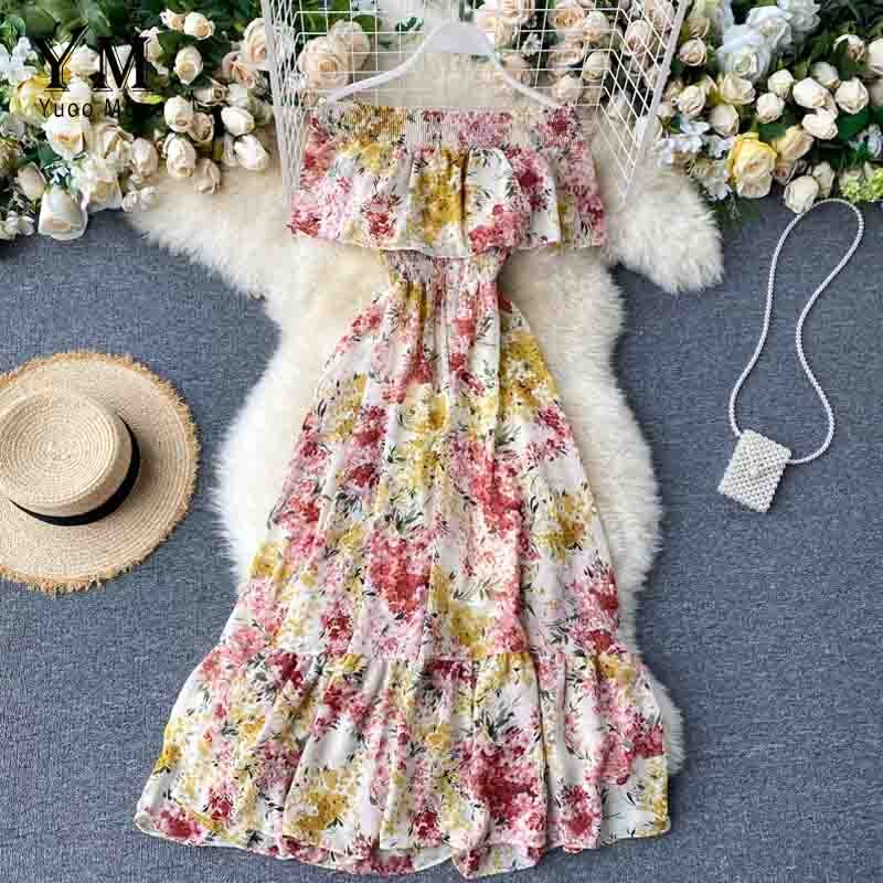 Yuoomuoo Bohemian Zomer Off Shoulder Bloemenprint Jurk Vrouwen Elegante Ruches Chiffon Lange Jurk Boho Mode Strand Jurk: Roze
