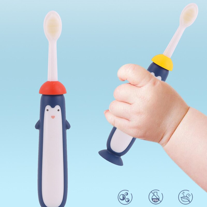 Kinderen Tandenborstel Met Vervangbare Hoofd En Pinguïn Handvat Met Zuignap Zachte Bursh Voor Baby Kids