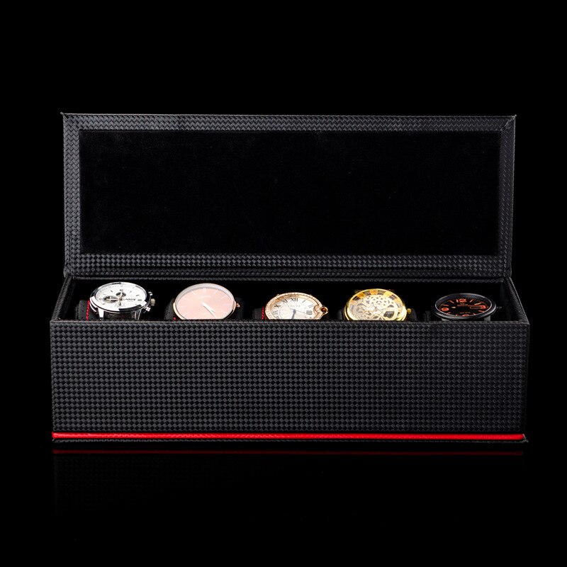 5 Slots Carbon Fibre Horloge Box Organizer Zwart Horloge Case Opslag Mannen Horloge Display Case