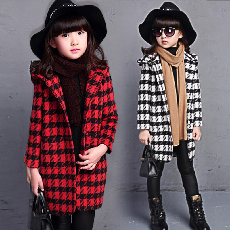 Småbarn jente ullkåpe høst vår klær i koreansk stil rutete kashmirjakke yttertøy parkas hette enspent  yy10
