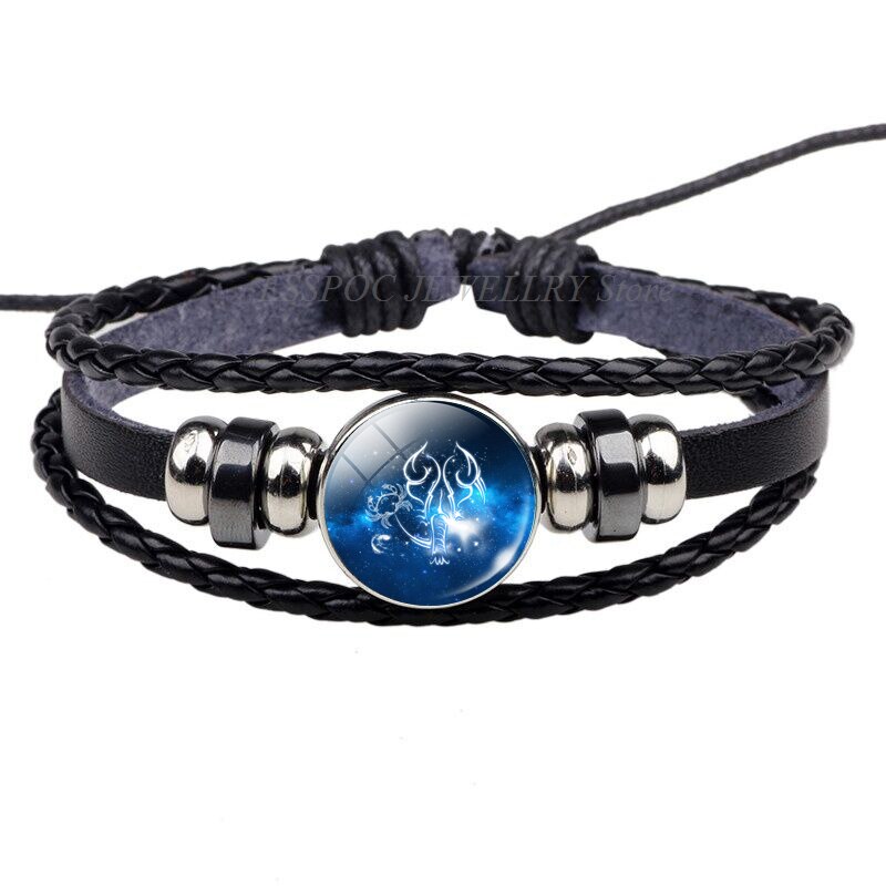 12 Constellations Black Bracelet Glass Cabochon Jewelry Leather Zodiac Sign Bracelets Men Punk Birthday: Cancer