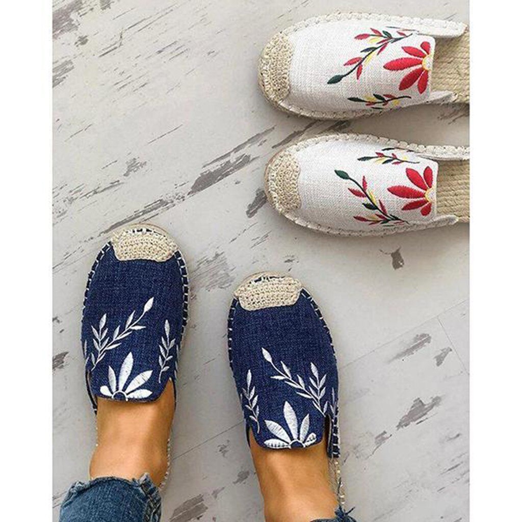 Sandales plates brodées pour femmes, chaussures décontractées à bout rond, pantoufles en paille brodées
