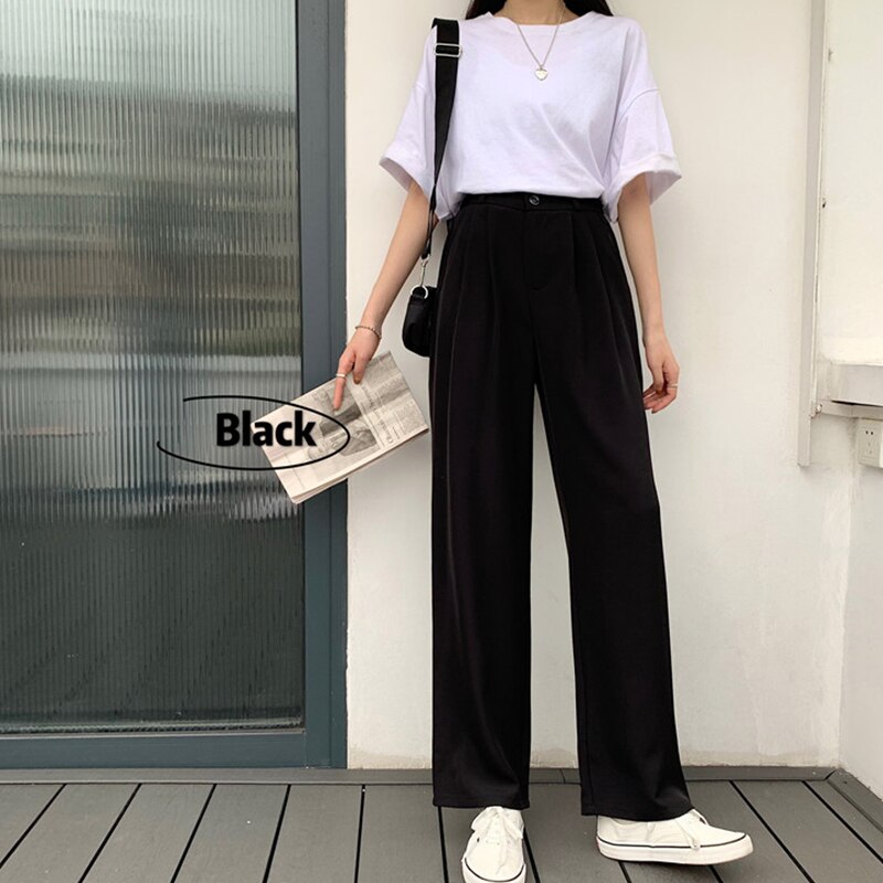 Elastiske taljebukser kvinder formelle damer lige bukser kvinder pink sort plus size højtaljede bukser streetwear koreanske bukser: Sort / S
