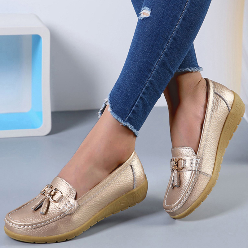 Ægte læder dame flade sko afslappet damesko mokkasiner sko dame slip-on flade sko sorte damesko plus size