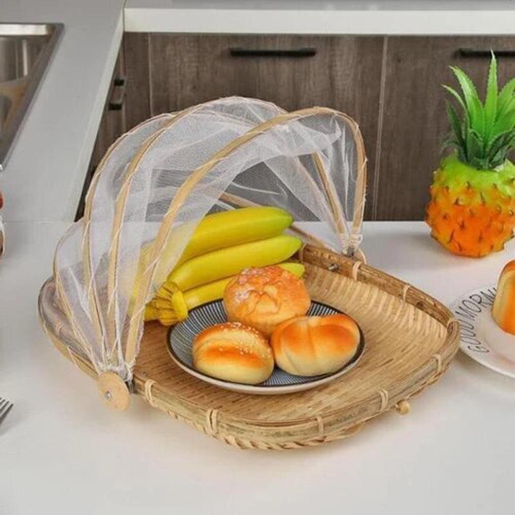 Hand-Woven Rectangular Bamboo Food Serving Tent Storage Basket Tray Mesh Storage Container With Gauze Cover