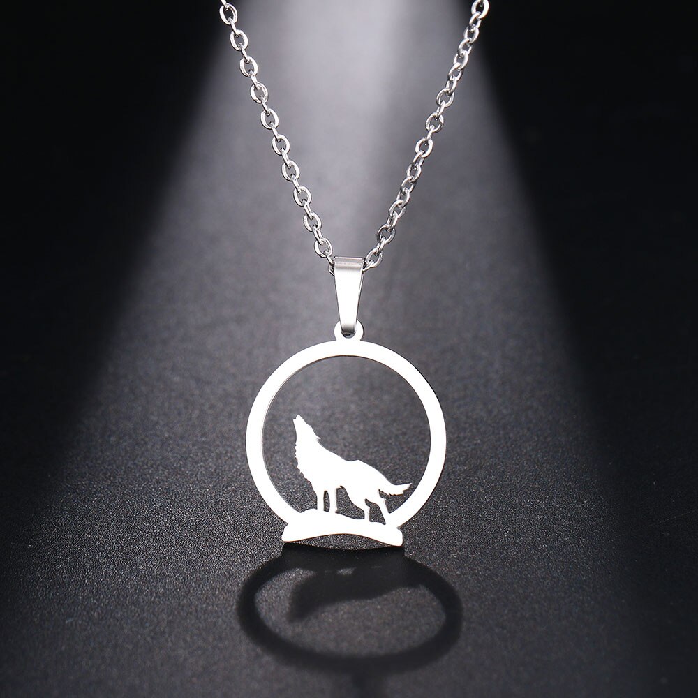 DOTIFI Stainless Steel Necklace For Women Man Wolf On The Hill Pendant Choker Necklace Engagement Jewelry: Silver