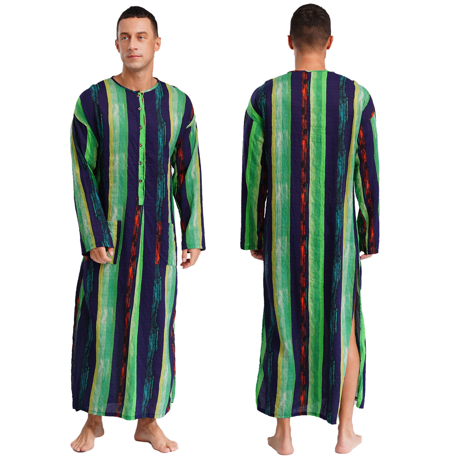Mannen losse jurk Midden-Oosten Islam Moslim Thobe Ronde Hals Lange Mouw Streep Lange Jurk Knoppen Arabische Jubba Thobe Shirt Jurken: S / Blauw