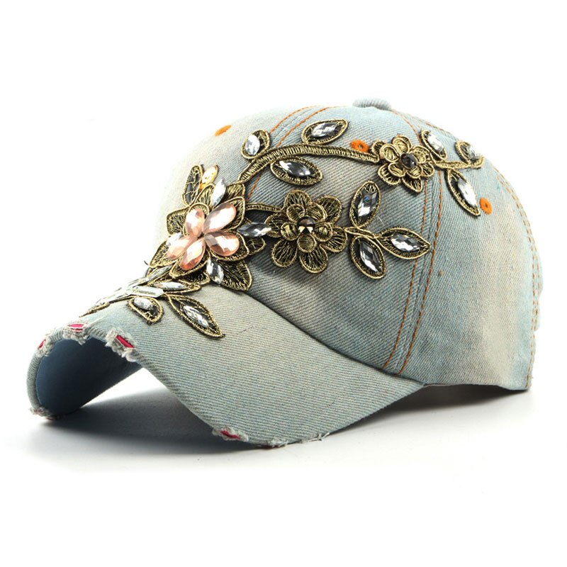 Denim rhinestone kvinders baseball cap vintage luksus blomstermønster gorras kvindelig glas diamant hat: 1