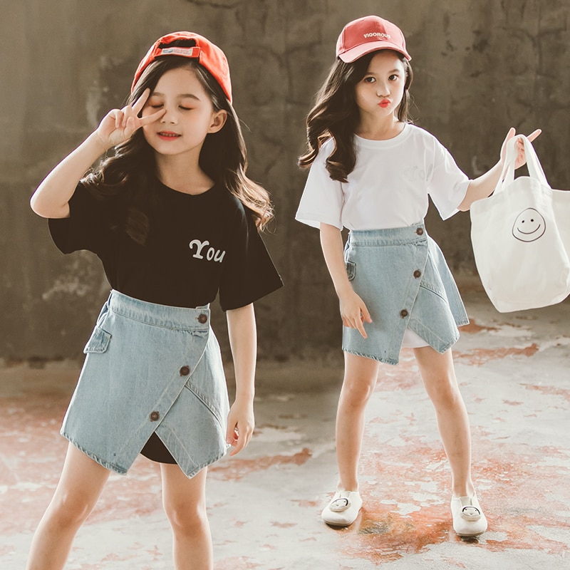 Girls Clothing Set Letter T-shirt Denim Skirt 2pcs Kids Clothes for Girl 3 4 6 7 9 10 11 12 Year Toddler Teen Children Suits