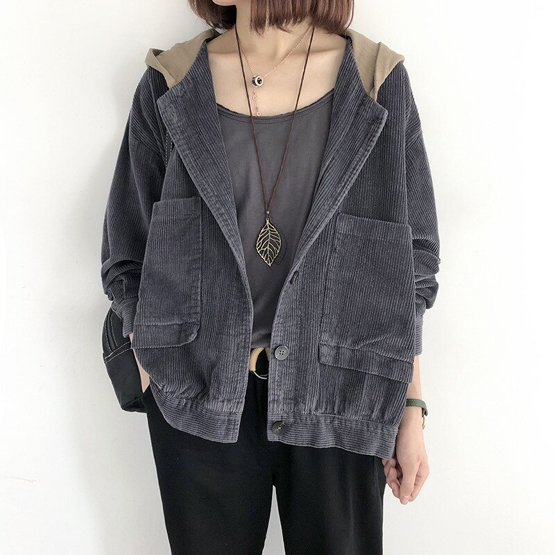 Chaqueta de pana casual suelta para mujer, chaqueta de color sólido de manga larga, abrigo de PANA con capucha, chaqueta de bolsillo de un solo pecho
