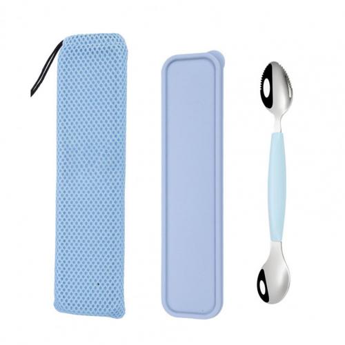 Cuchara de raspado de barro de doble cabeza para niños, multifuncional, de acero inoxidable, procesador de alimentos para bebé, barro para raspar fruta para Cocina: Blue Silver