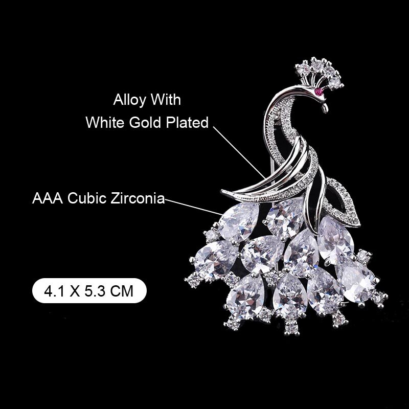 RED TREES Peacock Brooch - Women's Party Accessory - Luxury AAA Zirconia - Sterling Silver Plated