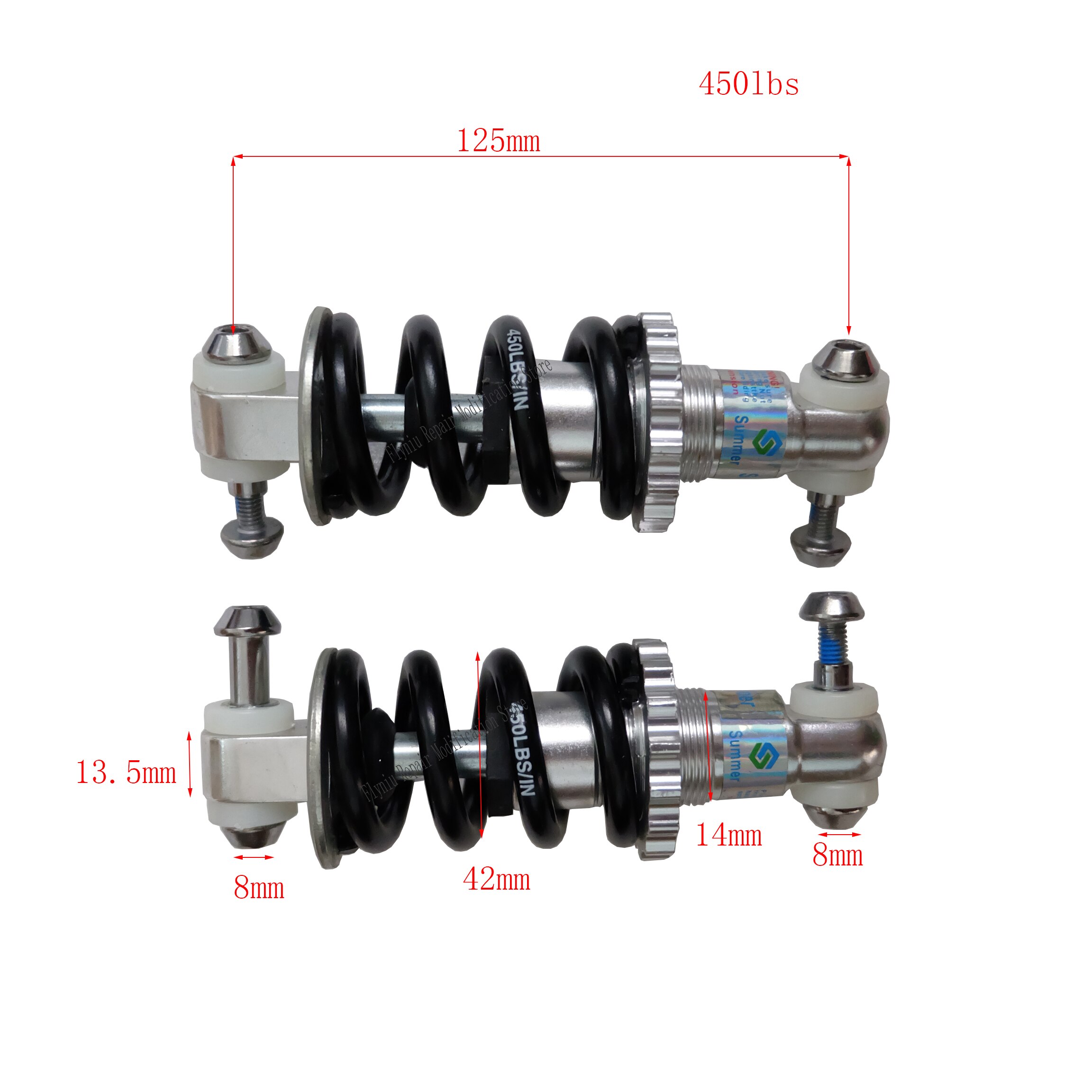 125mm 750 lbs foran bak støtdemper fjær for elektrisk sykkel scooter, e sykkel fjær 8mm bak støtdemper universal: Sølv