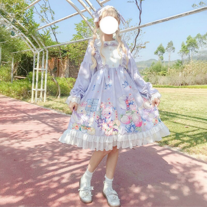 Vestido gótico lolita de diario para niña, vestido Kawaii de manga larga con conejo suave, japonés, para Otoño e Invierno: Púrpura