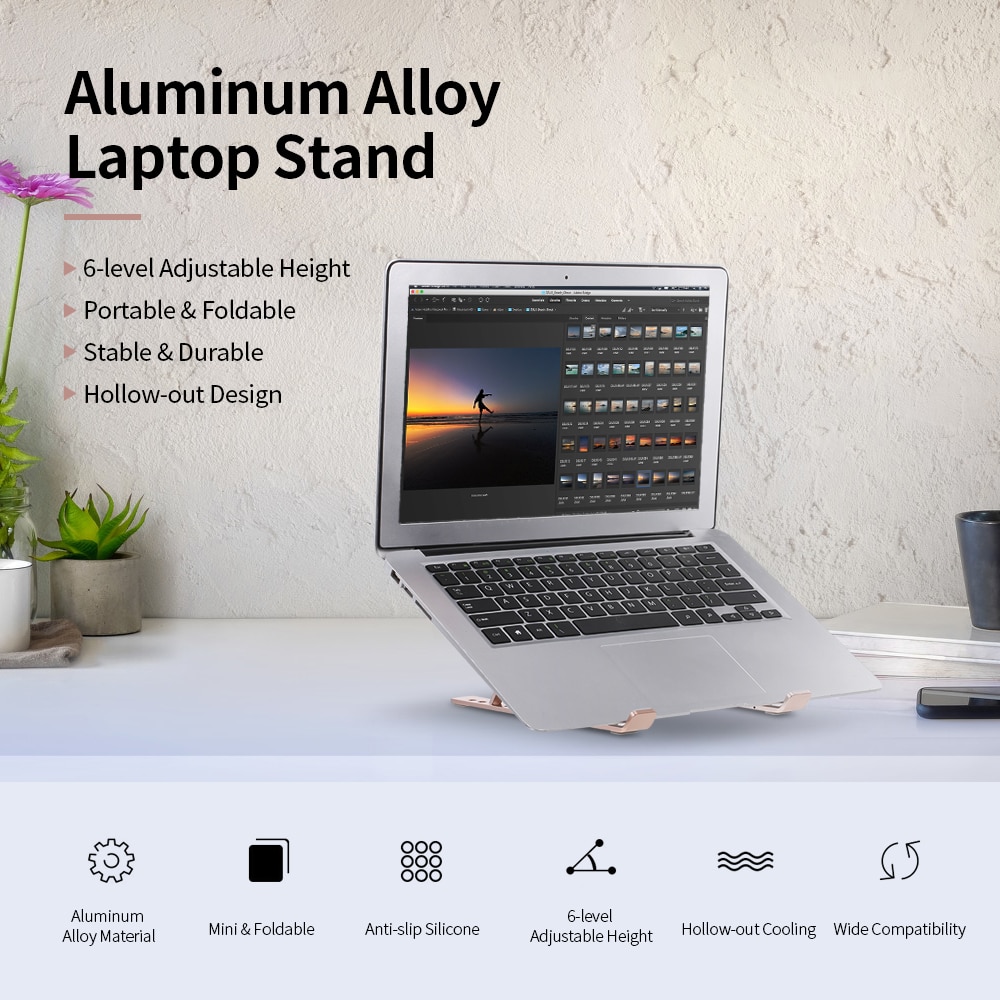 6-level Adjustable Laptop Stand for macnook Portable Aluminum Alloy notebook Stand Foldable Non-slip Notebook Holder Rose Gold