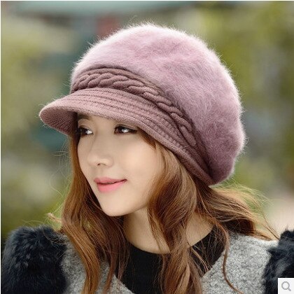 Stijl Vrouwen Baret Hoeden Konijn Haar Gebreide Vrouwelijke Baretten Winter Warm Cap Boina Feminina Laagste Prijs: Light Purple