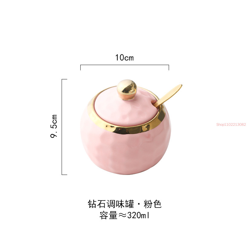 Gold-plated Ceramic Seasoning Jar with Lid Spoon Household Sugar Bowl Chili Box Kitchen Food Container Spice Organizer Rack