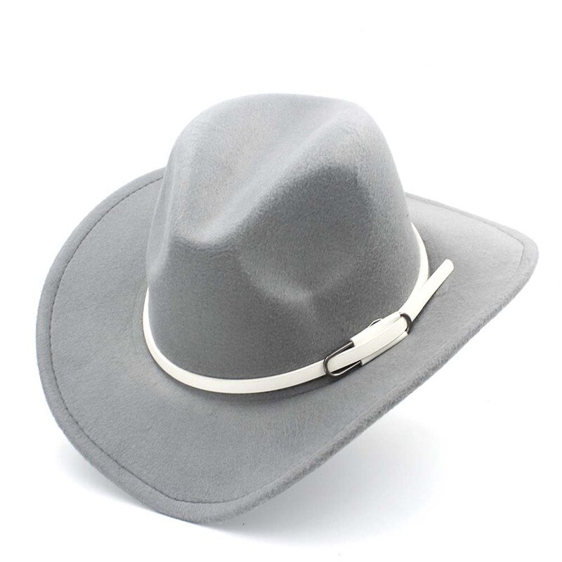 retro kvinner menn ull vestlig cowboyhatt rull-opp avlet kant filt cowgirl jazz gudfar sombrero lokk med hvitt belte størrelse 56-58cm: Grå