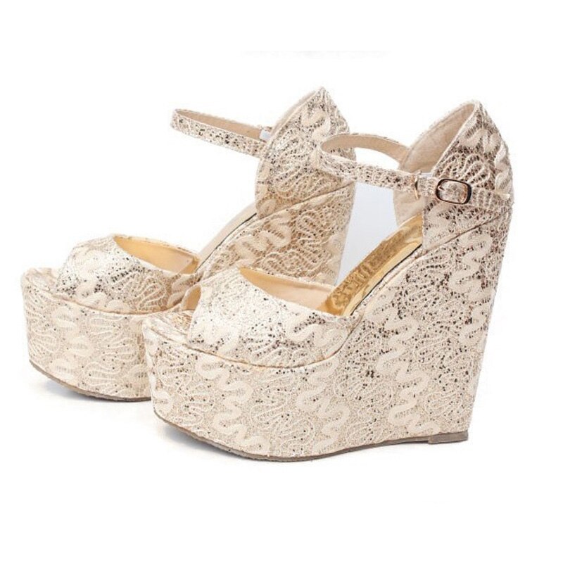 Zomerse kant bruiloft feest schoenen dames sandalen 15 cm hoge hakken sandalen dames open teen platform wedge pumps dames wsh 2597
