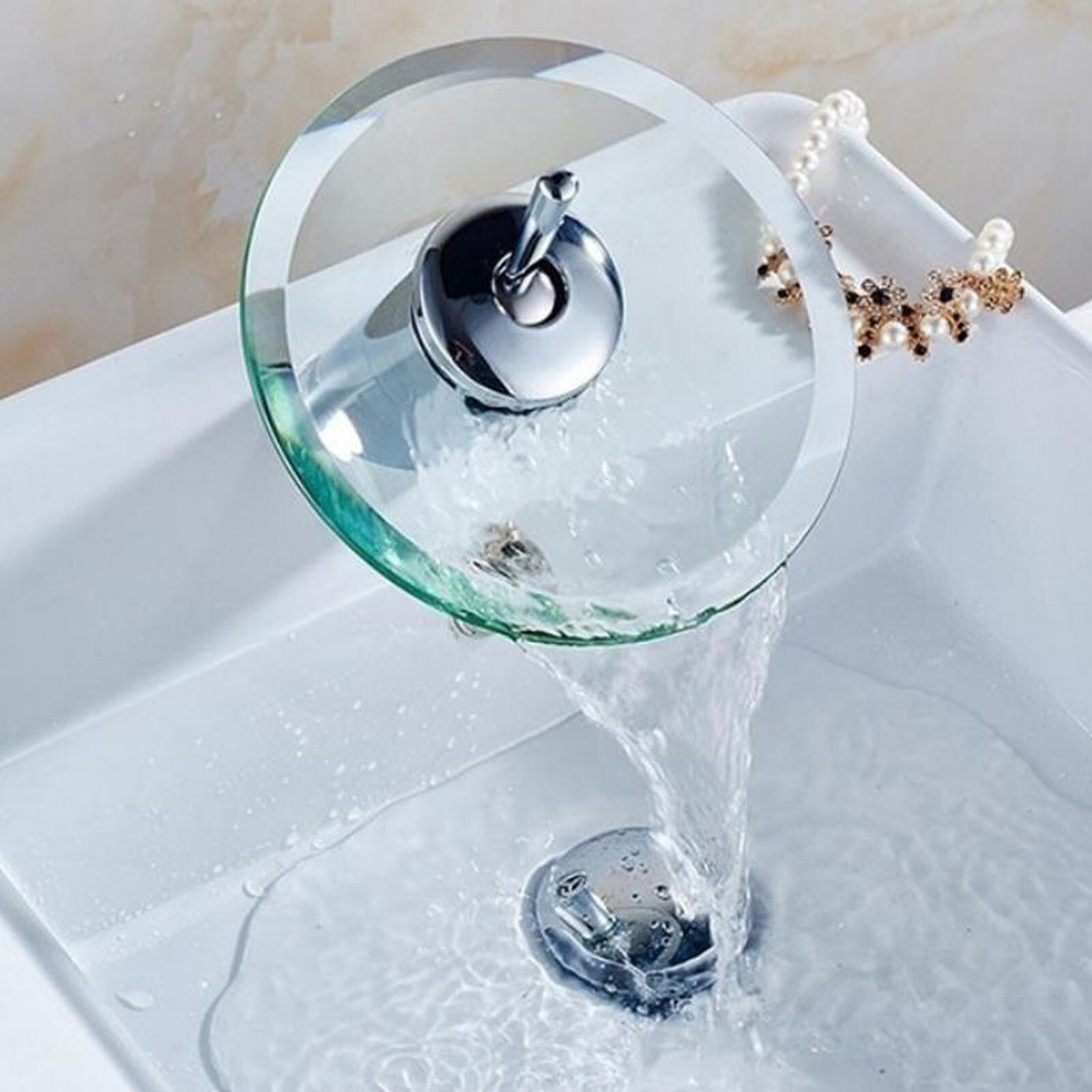 Solid Glass Waterfall Bathroom Basin Sink Faucet Chrome Basin Sink Faucet Single Lever Deck Mounted Round Mixer Tap#G30