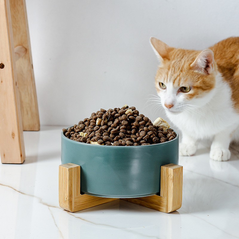 Keramisk skål för katt och hund, mat- och vattenbehållare, skydd för nackehalsen, skåltillbehör för husdjur med träställ